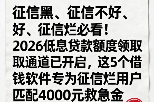 征信黑、征信不好、征信烂必看!2026低息贷款额度领取通道已开启,这5个借钱软件专为征信烂用户匹配4000元救急金