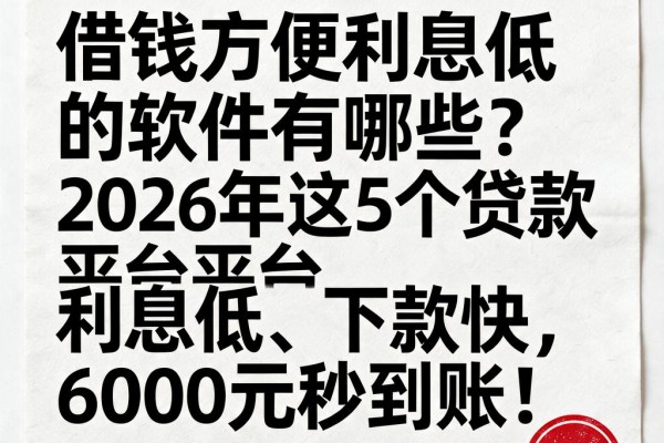 借钱方便利息低的软件有哪些?2026年这5个贷款平台利息低、下款快,6000元秒到账!
