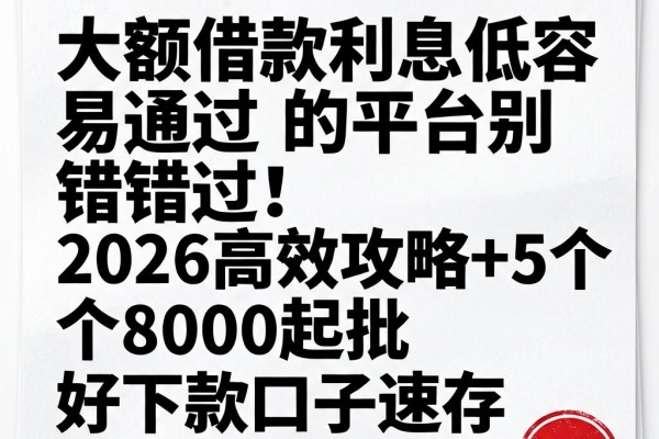 大额借款利息低容易通过的平台别错过!2026高效攻略+5个8000起批好下款口子速存